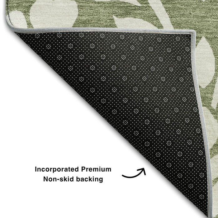 10' X 14' Floral Washable Area Rug With UV Protection (669600) - Fern Green / Beige