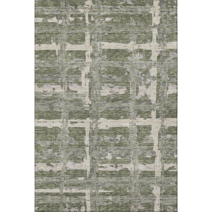 9' X 12' Striped Washable Area Rug With UV Protection - Olive Green And Beige