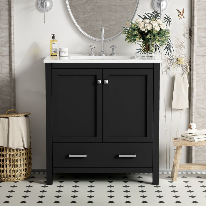 Giga bathroom vanity with single sink, wood frame, two-door cabinet, drawer, soft-close features, bathroom storage unit.