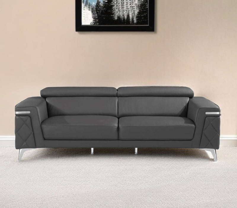 89" Italian Leather Sofa With Silver Legs - Dark Gray
