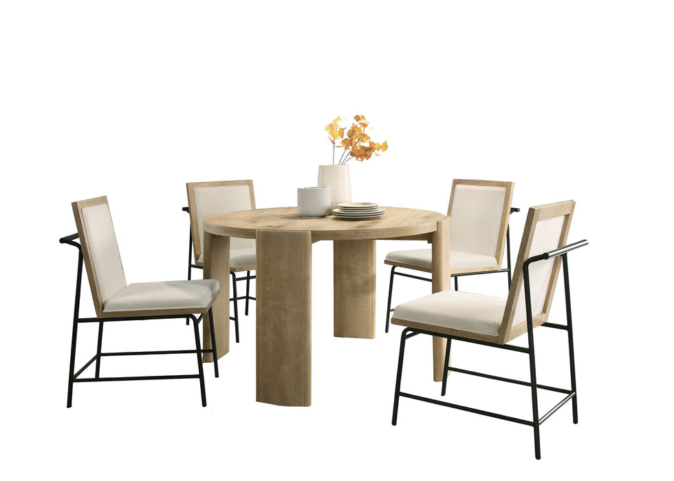 Giga Bowen 5-piece round dining table set with cream upholstered chairs and oak finish, perfect for modern dining rooms.