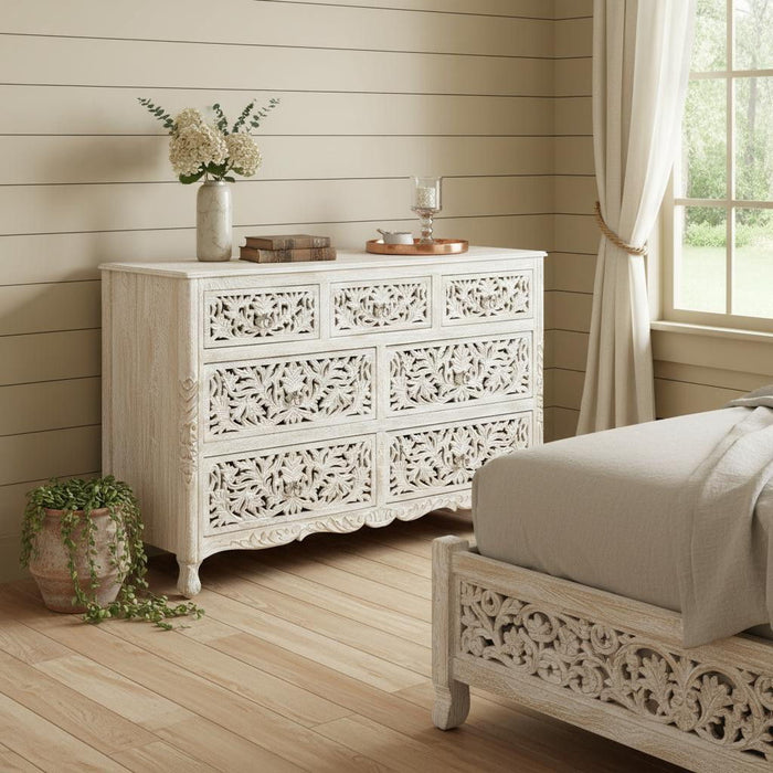 Solid Wood Seven Drawer Dresser - Beige