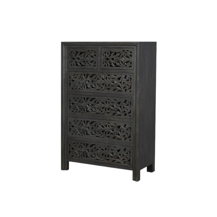 35" Carved Floral Solid Wood Six Drawer Dresser - Black