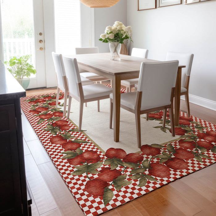 9' X 12' Geometric Washable Area Rug With UV Protection - Red And Ivory