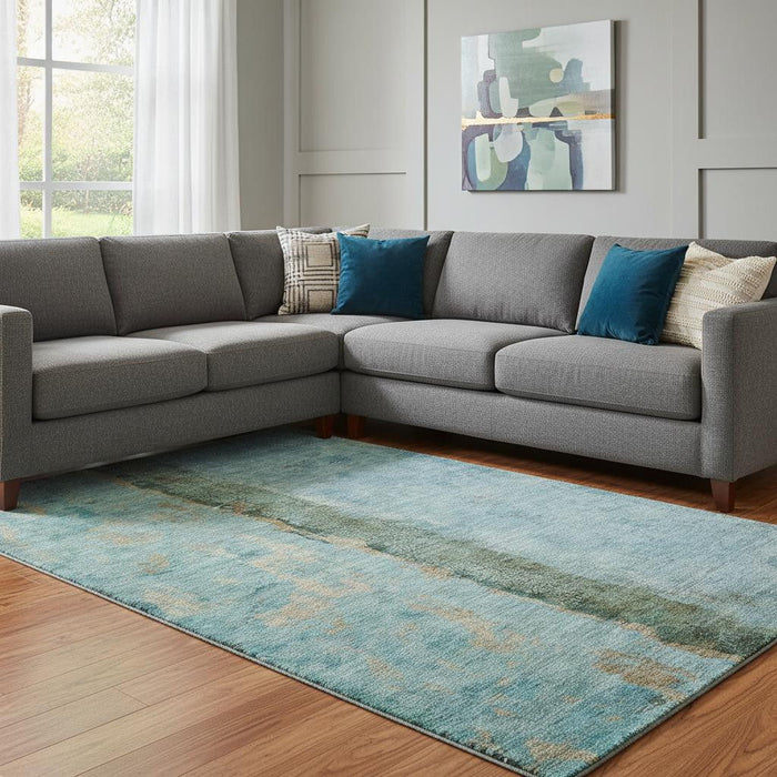 10' X 14' Abstract Washable Area Rug With UV Protection (651022) - Blue / Gold / Green