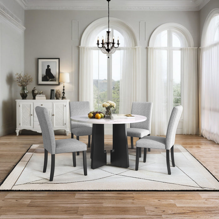 Giga 5-piece round dining table set with white table and four upholstered gray chairs for dining or kitchen room use.