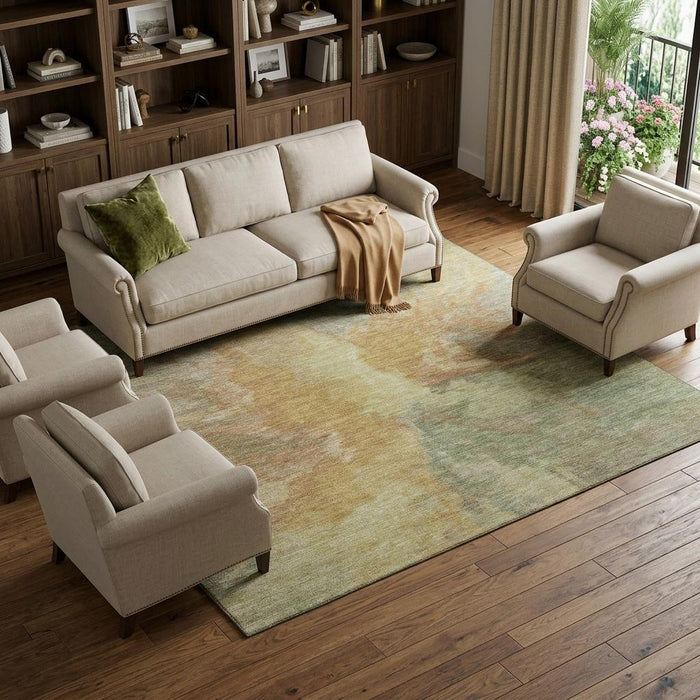 10' X 14' Abstract Washable Area Rug With UV Protection (695426) - Artichoke Green / Gold / Copper