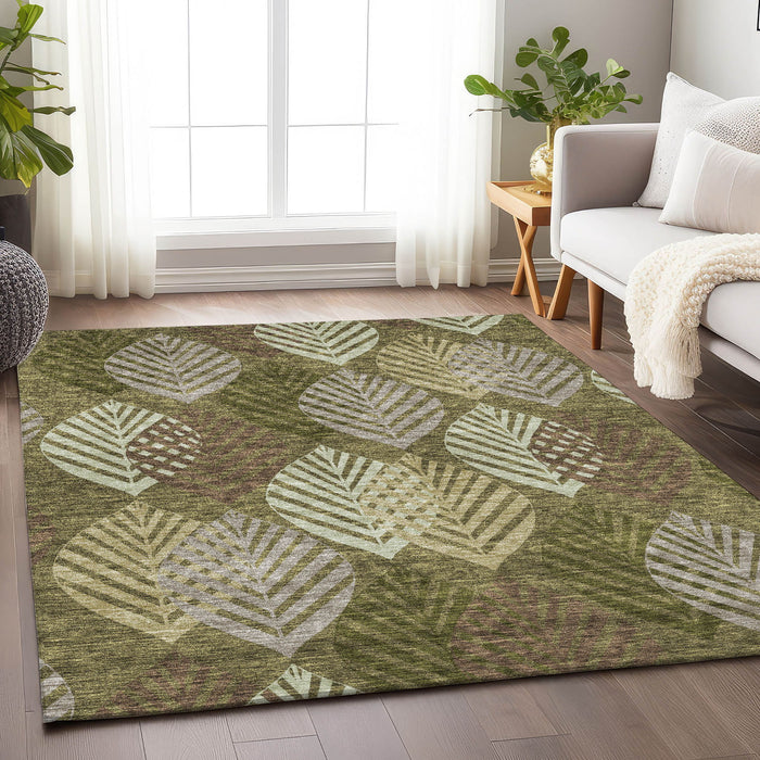 10' X 14' Floral Washable Area Rug With UV Protection - Olive Green