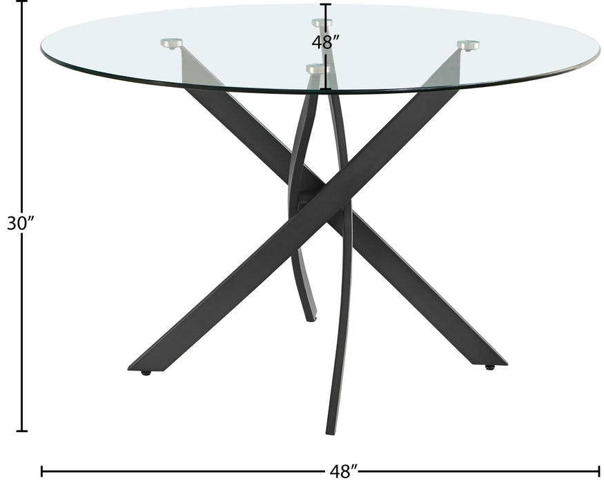 Modern Meridian Furniture Xander dining table with a sleek wooden surface and sturdy metal legs in a contemporary dining room setting.