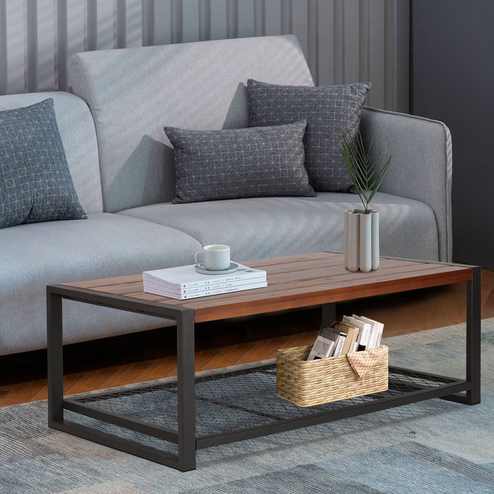 Giga console coffee table with reclaimed wood finish, ideal for living room decor, showcasing natural wood grain and sturdy design.