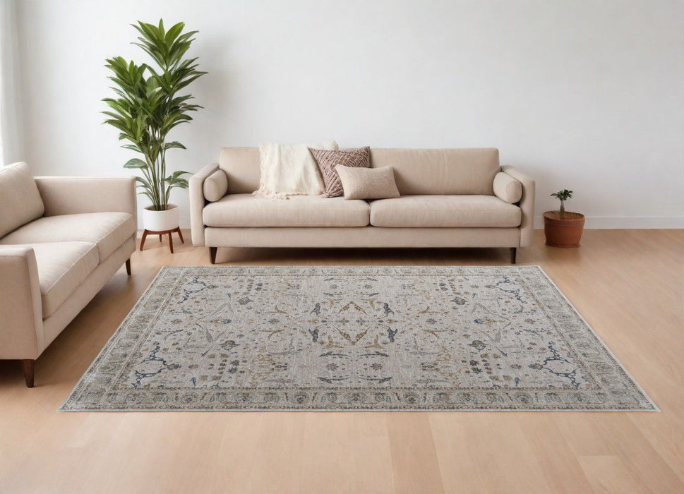 9' x 13' Ikat Power Loom Worn Faded Area Rug With Fringe - Gray Blue And Red