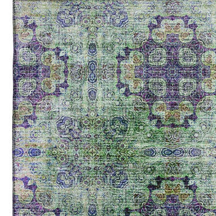 10' X 14' Floral Medallion Distressed Washable Area Rug With UV Protection (648946) - Purple / Green / Ivory