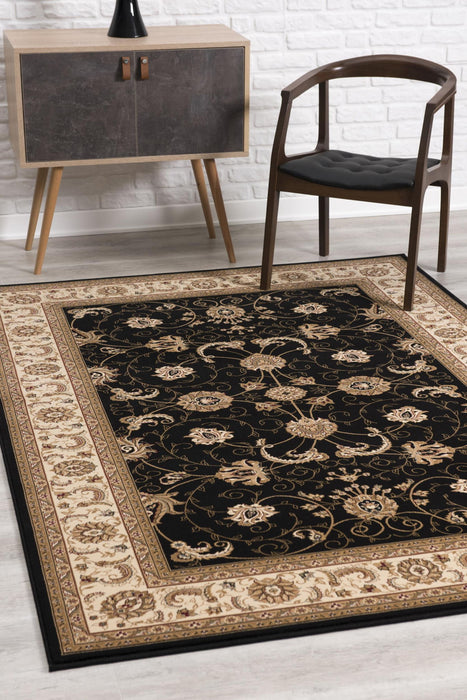 6.5' x 9.3' Oriental Power Loom Area Rug - Black And Ivory