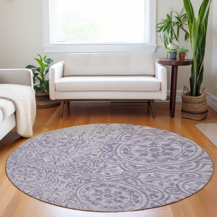 8' Medallion Washable Round Rug With UV Protection - Lavender / Ivory