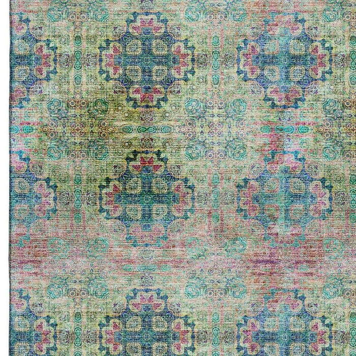 10' X 14' Floral Medallion Distressed Washable Area Rug With UV Protection (648928) - Green / Blush / Teal