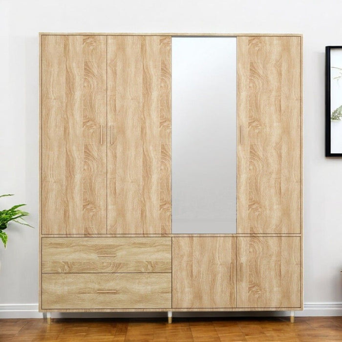 HomeRoots 71-inch wood wardrobe with four doors and two drawers in natural finish, showcasing the spacious storage and classic design.