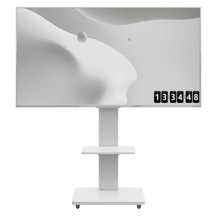 White Giga rolling TV stand with shelf, lockable wheels, floor mount, ideal for living room, bedroom, or office.