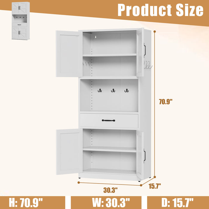 White Giga accent kitchen pantry cabinet with adjustable shelves, drawers, hooks, and large countertop for organized storage.
