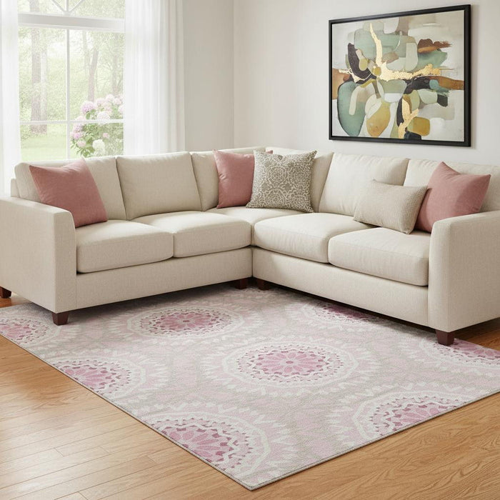 10' X 14' Geometric Washable Area Rug With UV Protection (652275) - Pink / Ivory