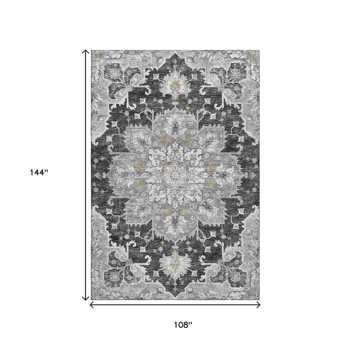 9' X 12' Floral Medallion Distressed Washable Area Rug With UV Protection (644549) - Graphite / Gold / Charcoal