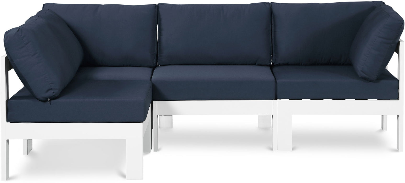 Outdoor Nizuc Meridian Furniture patio 4-piece modular sectional with white frame, showing plush cushions and modern outdoor design.