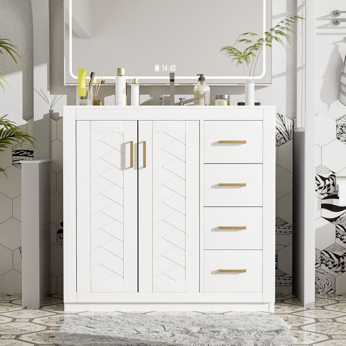 Giga bathroom vanity with sink, storage cabinet, three drawers, and soft-closing doors in a freestanding design