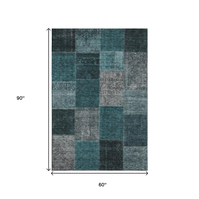 5' X 8' Patchwork Washable Area Rug With UV Protection (655206) - Teal / Gray