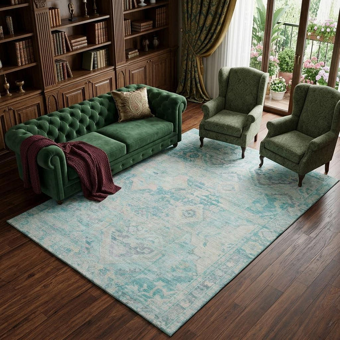 10' X 14' Floral Washable Area Rug With UV Protection (696476) - Teal / Pink / Gray