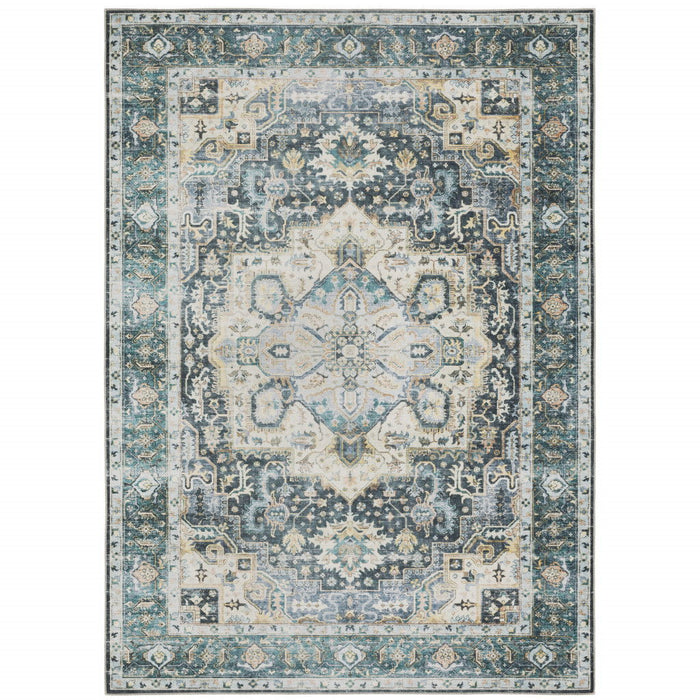 7' x 10' Oriental Printed Stain Resistant Non Skid Area Rug - Blue Ivory Teal Brown And Gold