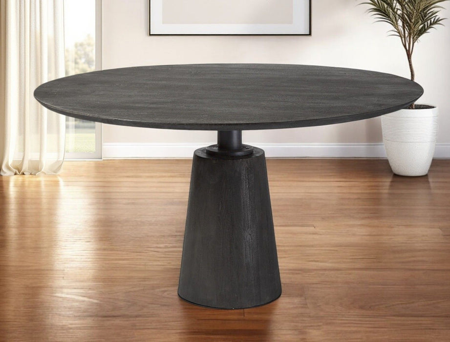 54" Rounded Solid Wood And Metal Pedestal Base Dining Table - Gray