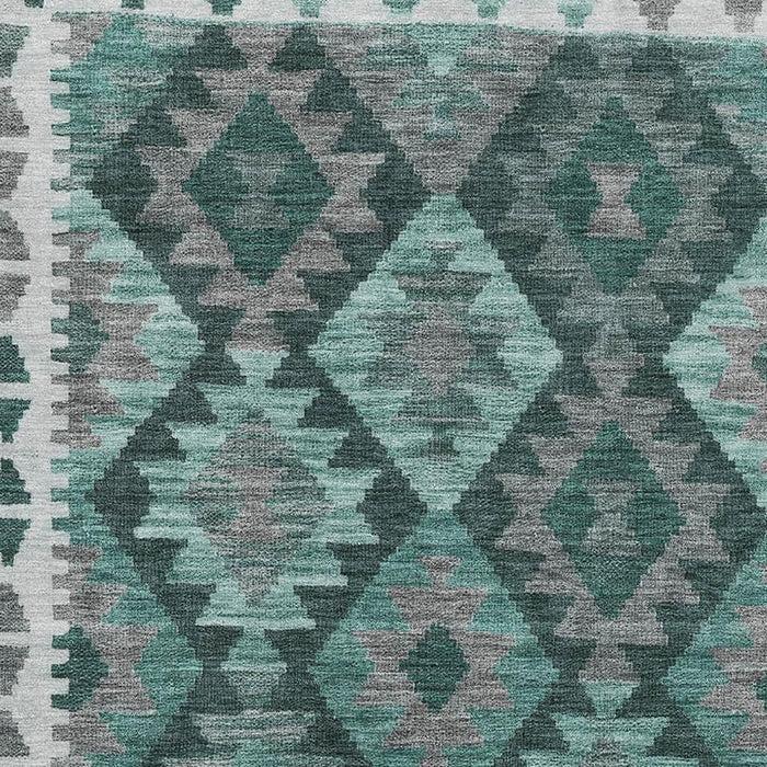 10' X 14' Tribal Washable Area Rug With UV Protection (707971) - Pale Aqua / Ivory