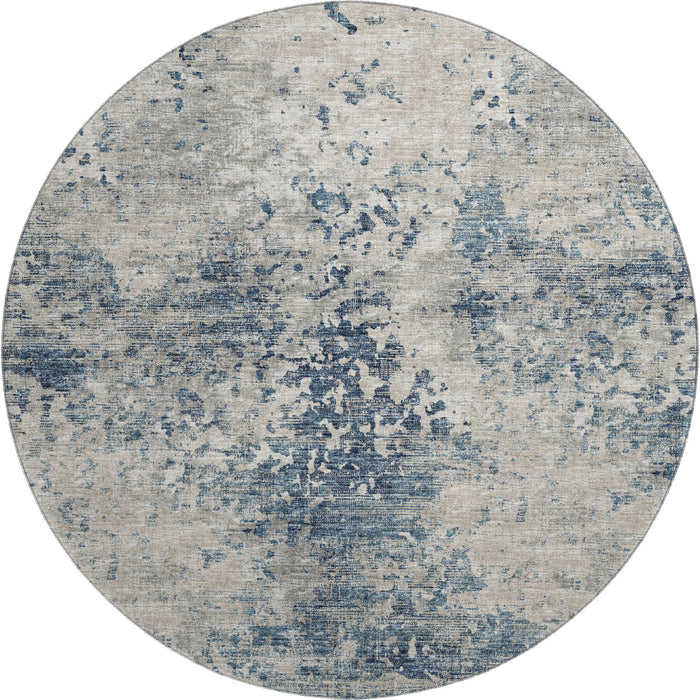 8' Transitional Abstract Washable Round Rug With UV Protection - Blue And Ivory