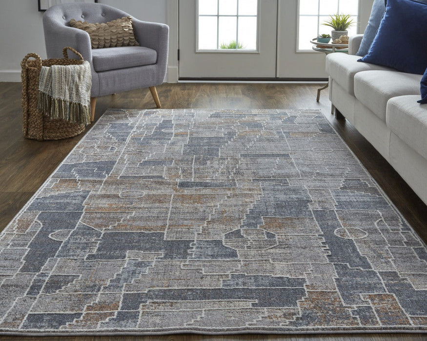 12' x 15' Geometric Power Loom Stain Resistant Area Rug - Blue Gray And Orange