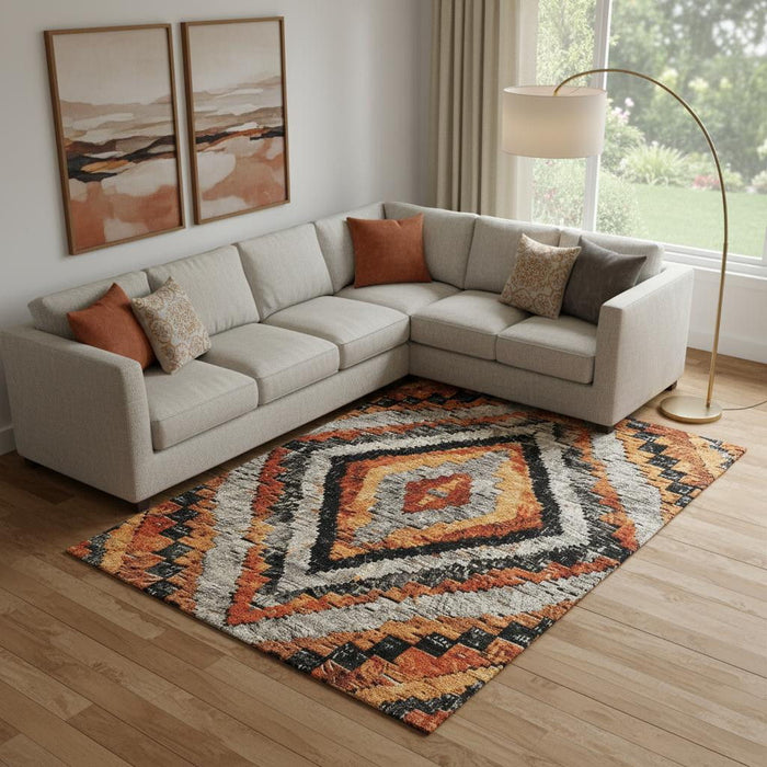 10' X 14' Diamond Washable Area Rug With UV Protection (707095) - Terra Cotta / Charcoal / Gray