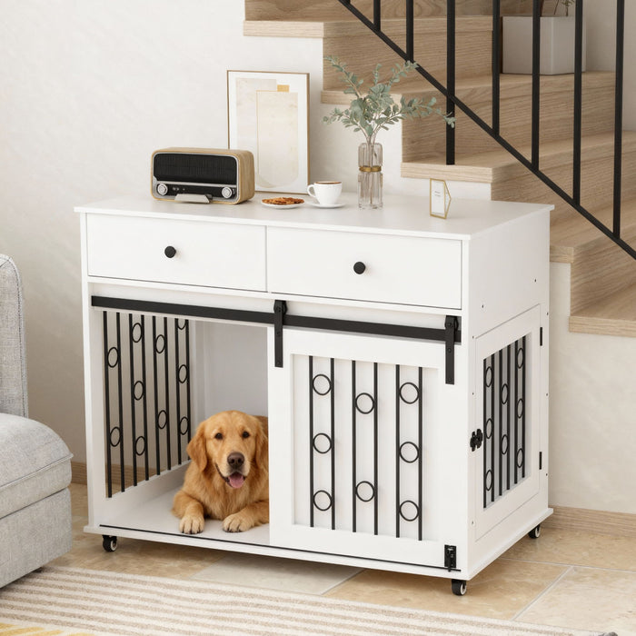 Giga dog crate furniture with double drawers and sliding barn door, white pet kennel for small to medium dogs, stylish and functional.