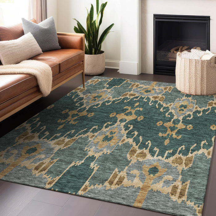 9' X 12' Ikat Washable Area Rug With UV Protection - Emerald