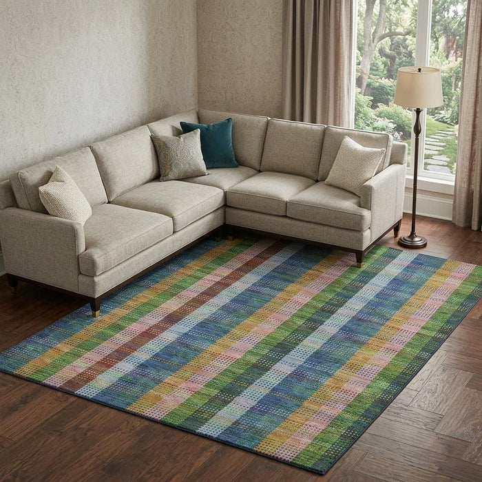 10' X 14' Plaid Washable Area Rug With UV Protection (676470) - Navy Blue / Green / Gold