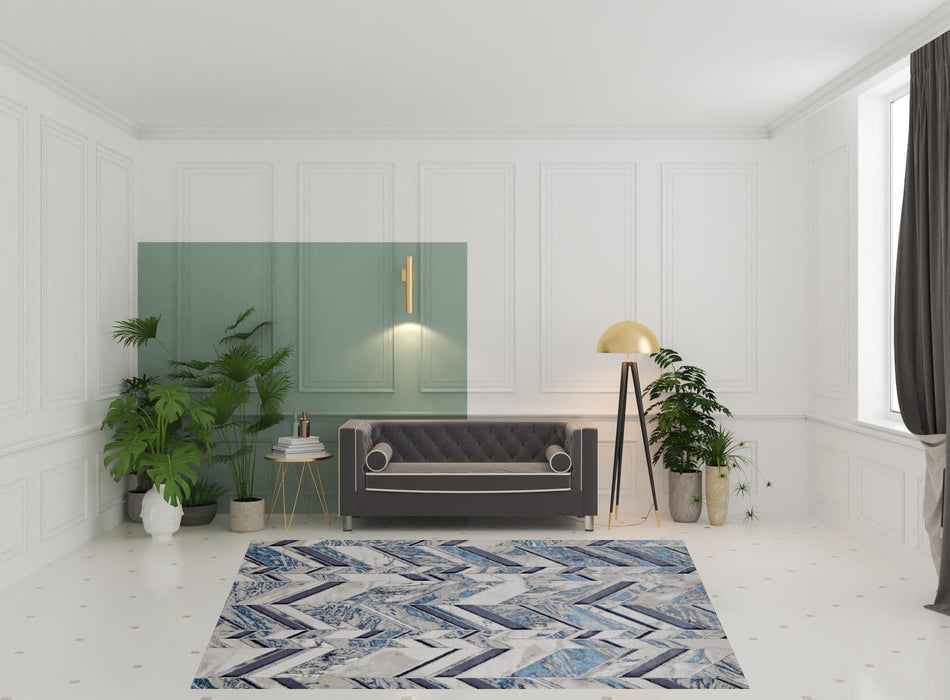 8' x 10' Chevron Power Loom Distressed Area Rug - Ivory Blue And Gray