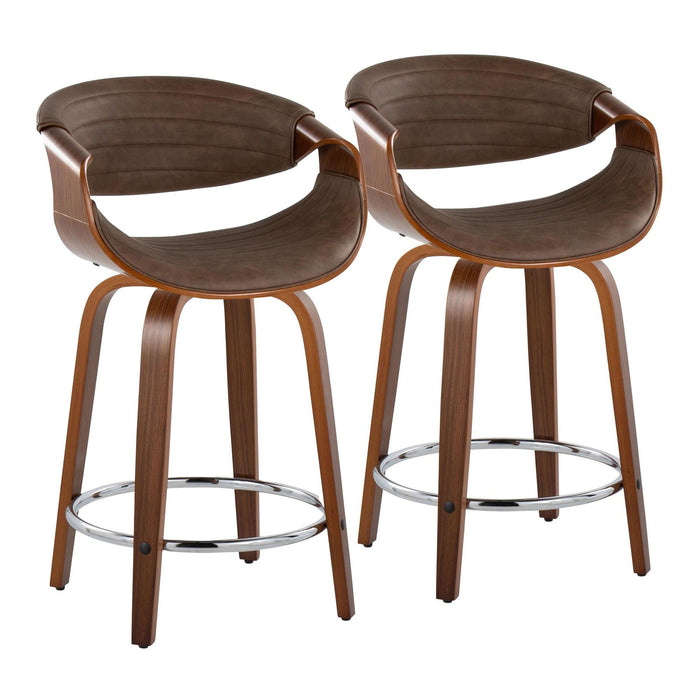 Symphony - 24" Fixed-Height Counter Stool With Swivel And Round Chrome Metal Footrest (Set of 2) - Walnut Wood