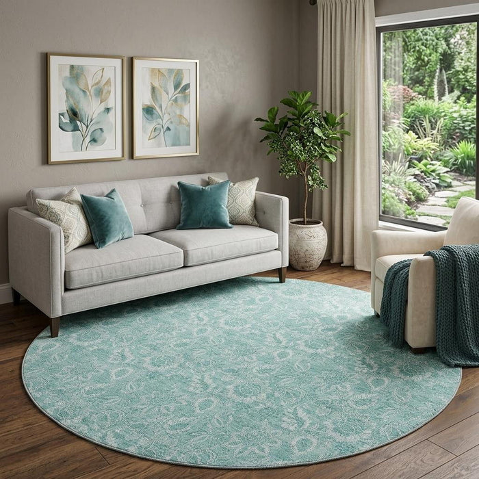 8' Floral Washable Round Rug With UV Protection (655153) - Teal / Ivory