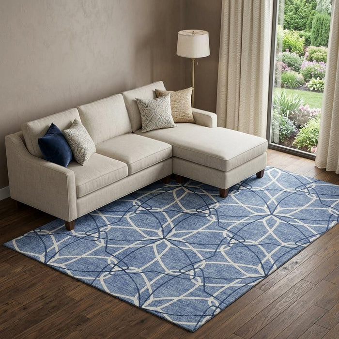 10' X 14' Geometric Washable Area Rug With UV Protection (675498) - Denim Blue / Ivory