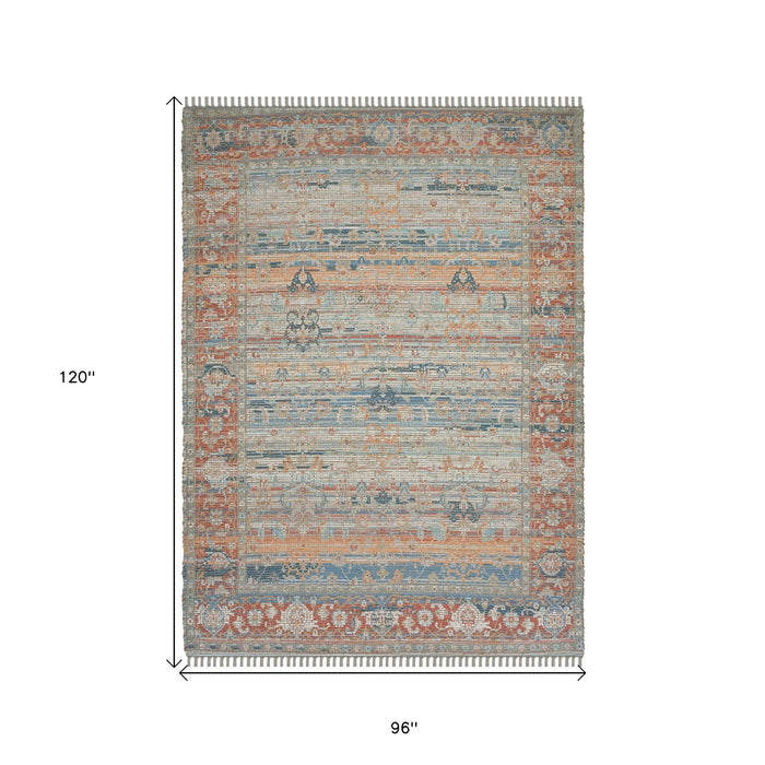 8' X 10' Oriental Hand Woven Area Rug With Fringe - Blue