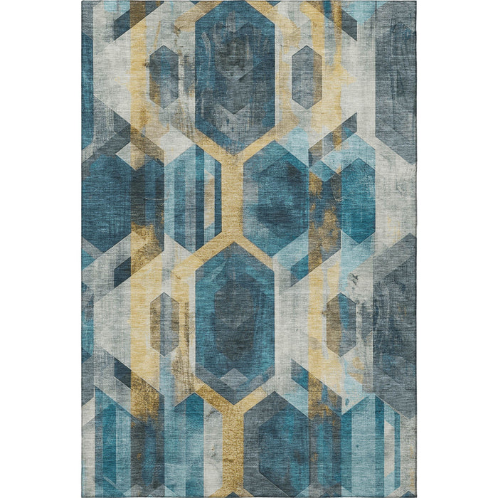 10' X 14' Geometric Washable Area Rug With UV Protection (699124) - Teal / Gold / Silver