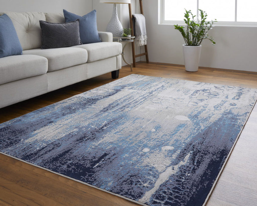7' x 10' Abstract Power Loom Distressed Area Rug - Ivory Blue And Black