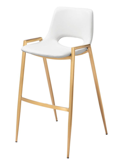 Set of two white faux leather and steel low back bar chairs with gold accents, ideal for modern bar or kitchen seating.