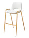 Set of two white faux leather and steel low back bar chairs with gold accents, ideal for modern bar or kitchen seating.