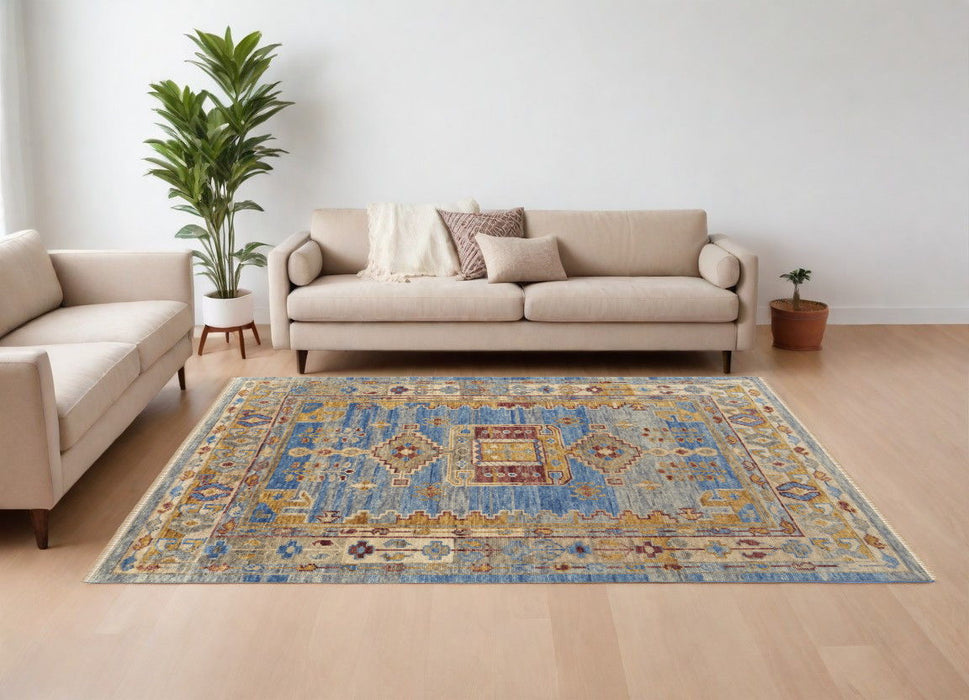 8' x 10' Wool Geometric Hand Knotted Area Rug With Fringe - Blue Red And Yellow