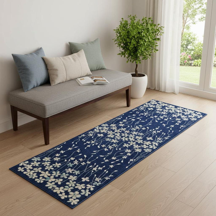 7' Floral Vines Runner Rug (550529) - Ivory / Blue