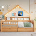 Giga house style platform storage bed with LED lights, built-in shelves, drawers, and a guardrail in a modern bedroom setting.