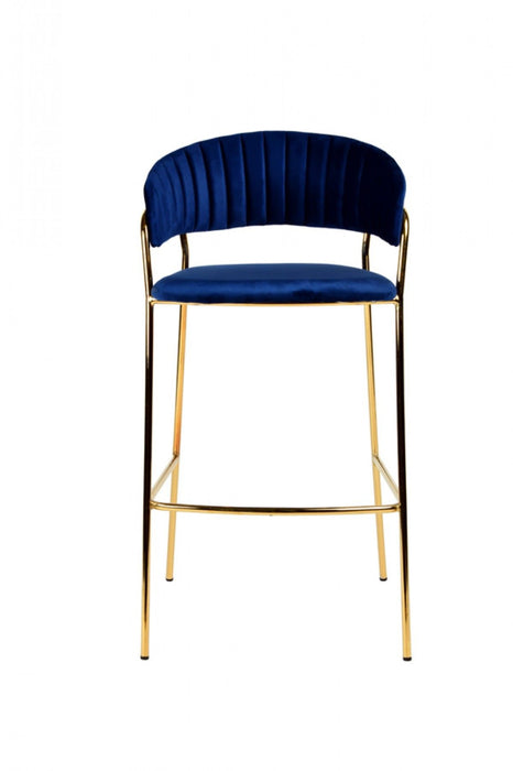 Set of two dark blue and gold steel low back bar height chairs with sleek design and modern style.